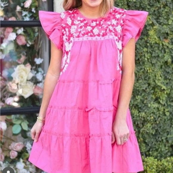 J.Marie  pink and white embroidered tiered dress with flutter sleeves- size S - Picture 1 of 6